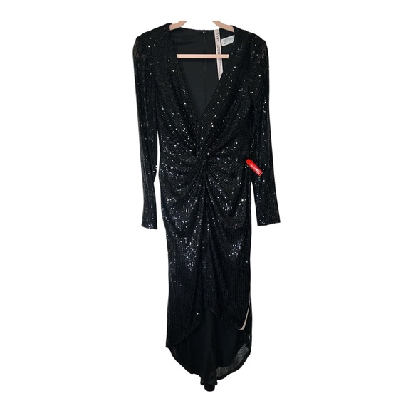 Ieena for Mac Duggal Black Sequin Knotted Long Sleeve Midi Dress Size 6 NWT - Picture 3 of 12